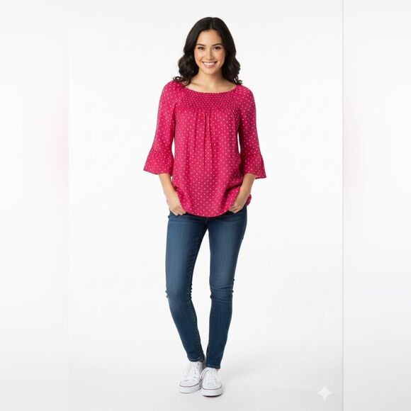 Counterparts Tops - Counterparts Women's Hot Pink Polka Dot Smocked Long Sleeve Blouse Size Small 🐈